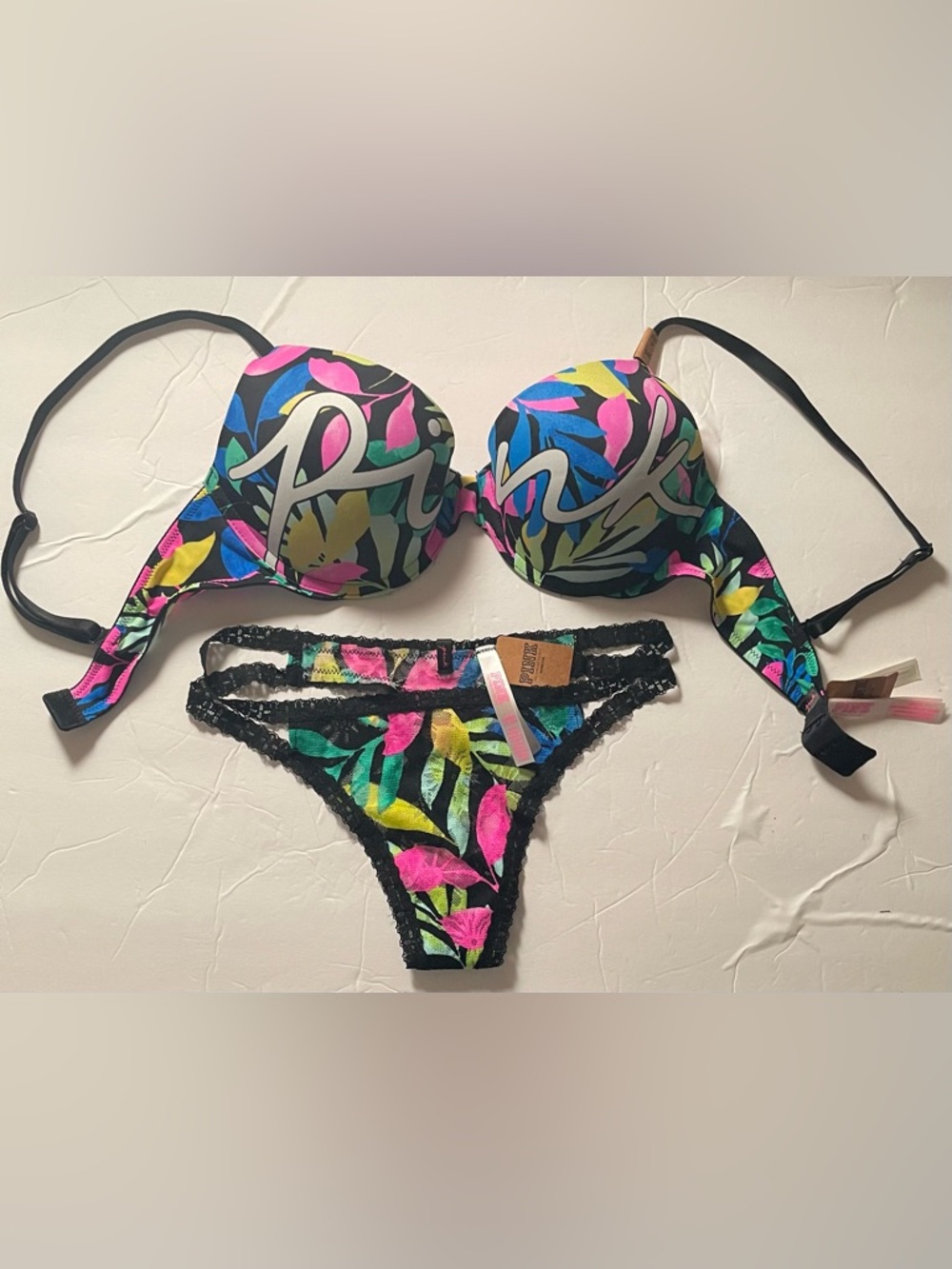 Victoria’s Secret PINK NWT Bra & Thong Set size 34C bra size XS thong colorful